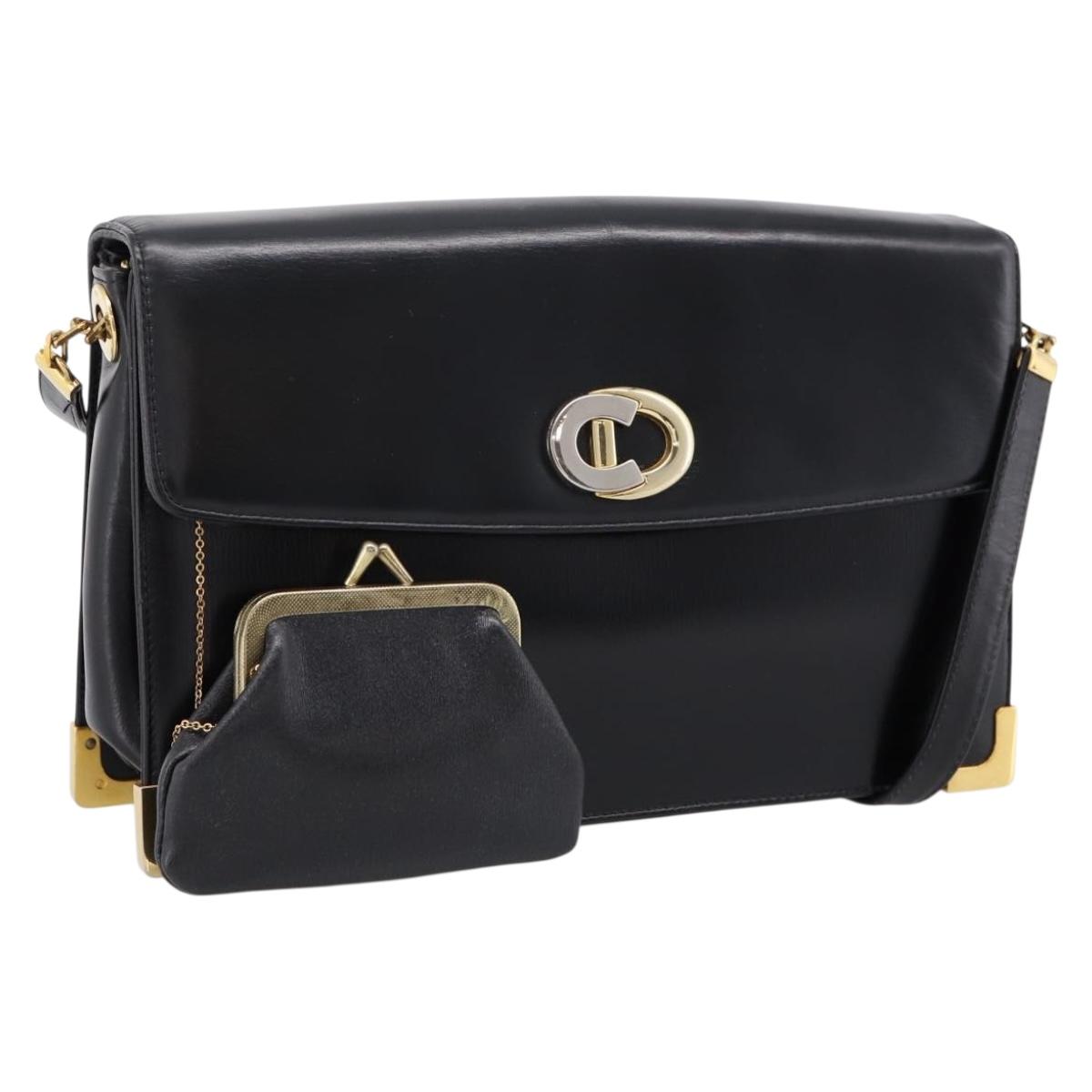 Christian Dior Shoulder Bag Leather Calf Skin Black Gold Tone Auth 196419A
