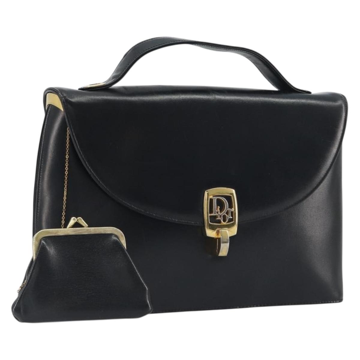 Christian Dior Calf Skin Hand Bag Leather Black Gold Tone Auth 196420