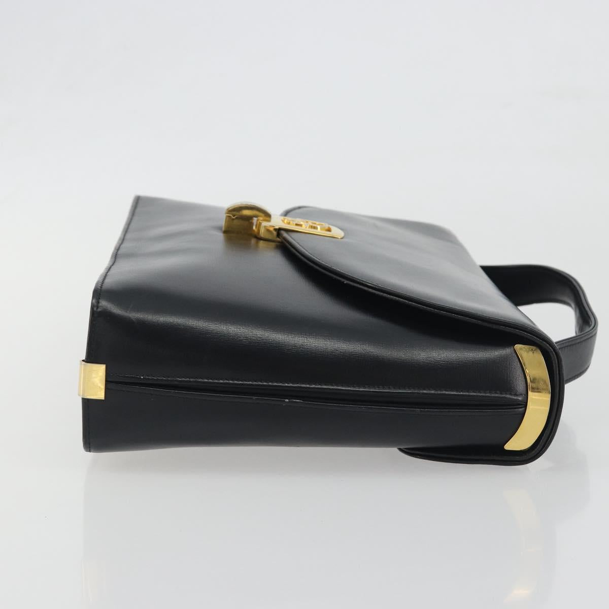 Christian Dior Calf Skin Hand Bag Leather Black Gold Tone Auth 196420