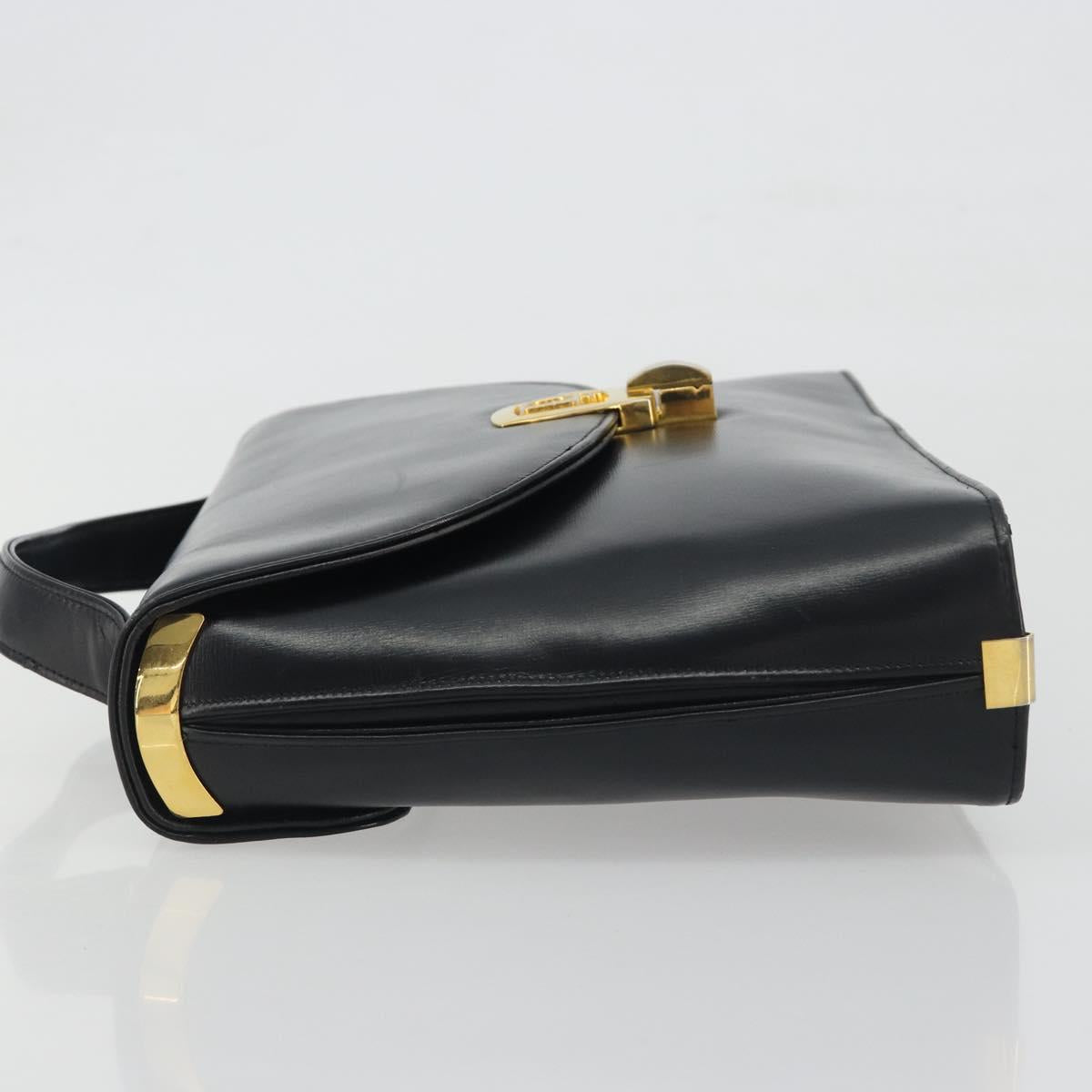 Christian Dior Calf Skin Hand Bag Leather Black Gold Tone Auth 196420