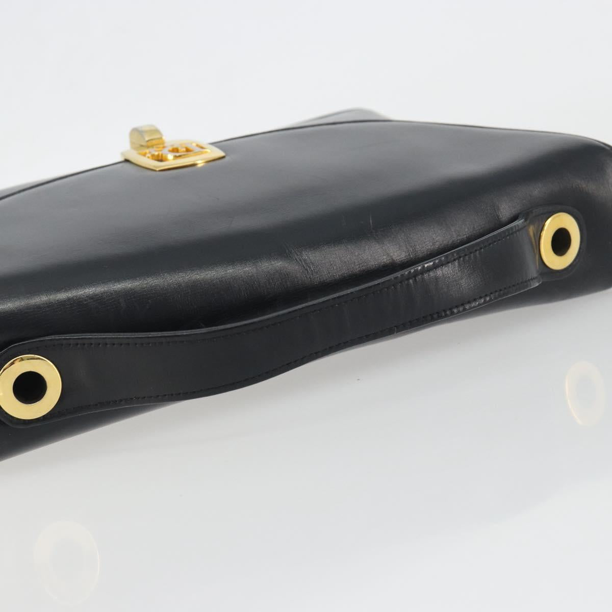 Christian Dior Calf Skin Hand Bag Leather Black Gold Tone Auth 196420