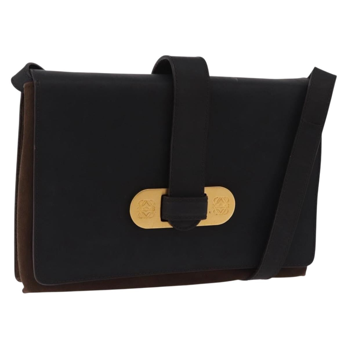 LOEWE Shoulder Bag Suede Dark Brown Gold Tone Auth 196425A