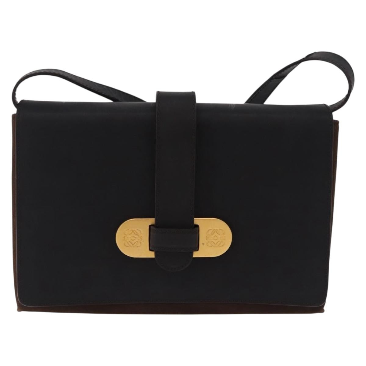LOEWE Shoulder Bag Suede Dark Brown Gold Tone Auth 196425A