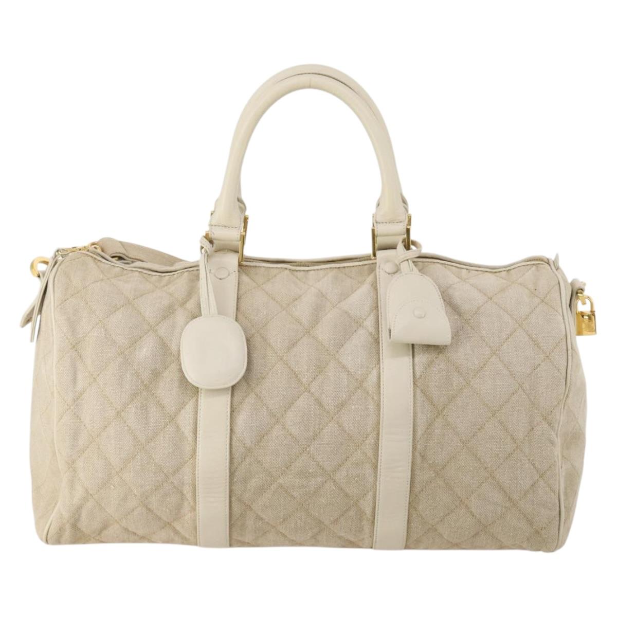 CHANEL Matelasse Boston Bag Canvas 2way Beige Gold Tone CC Auth 196428A