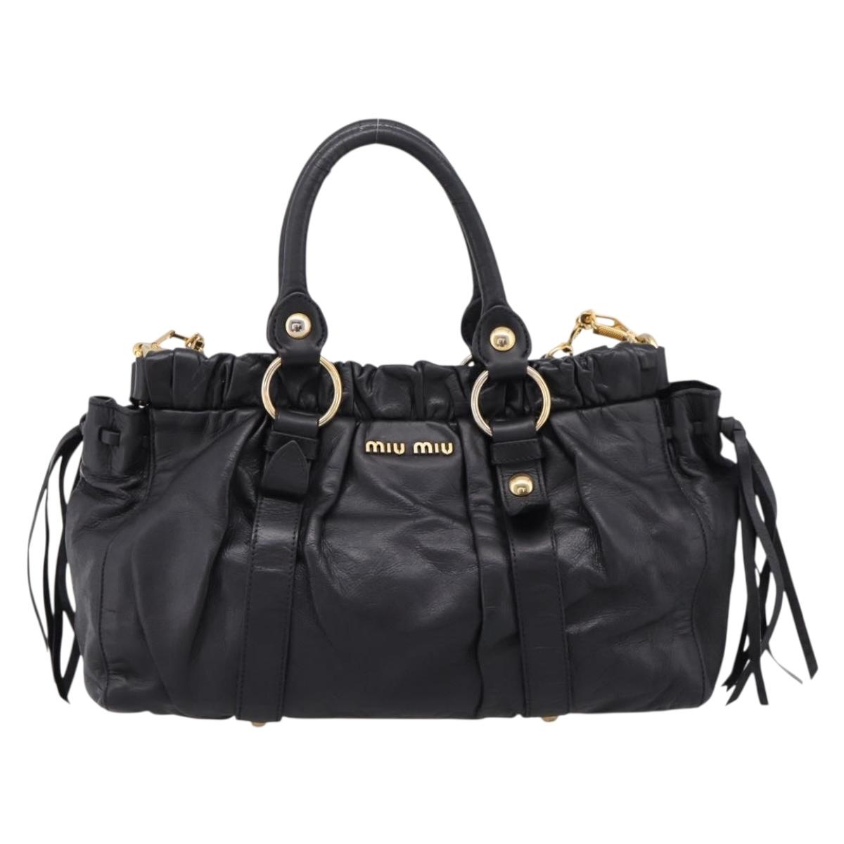 Miu Miu Vitellolux Hand Bag Leather 2way Black Gold Tone Auth 196431
