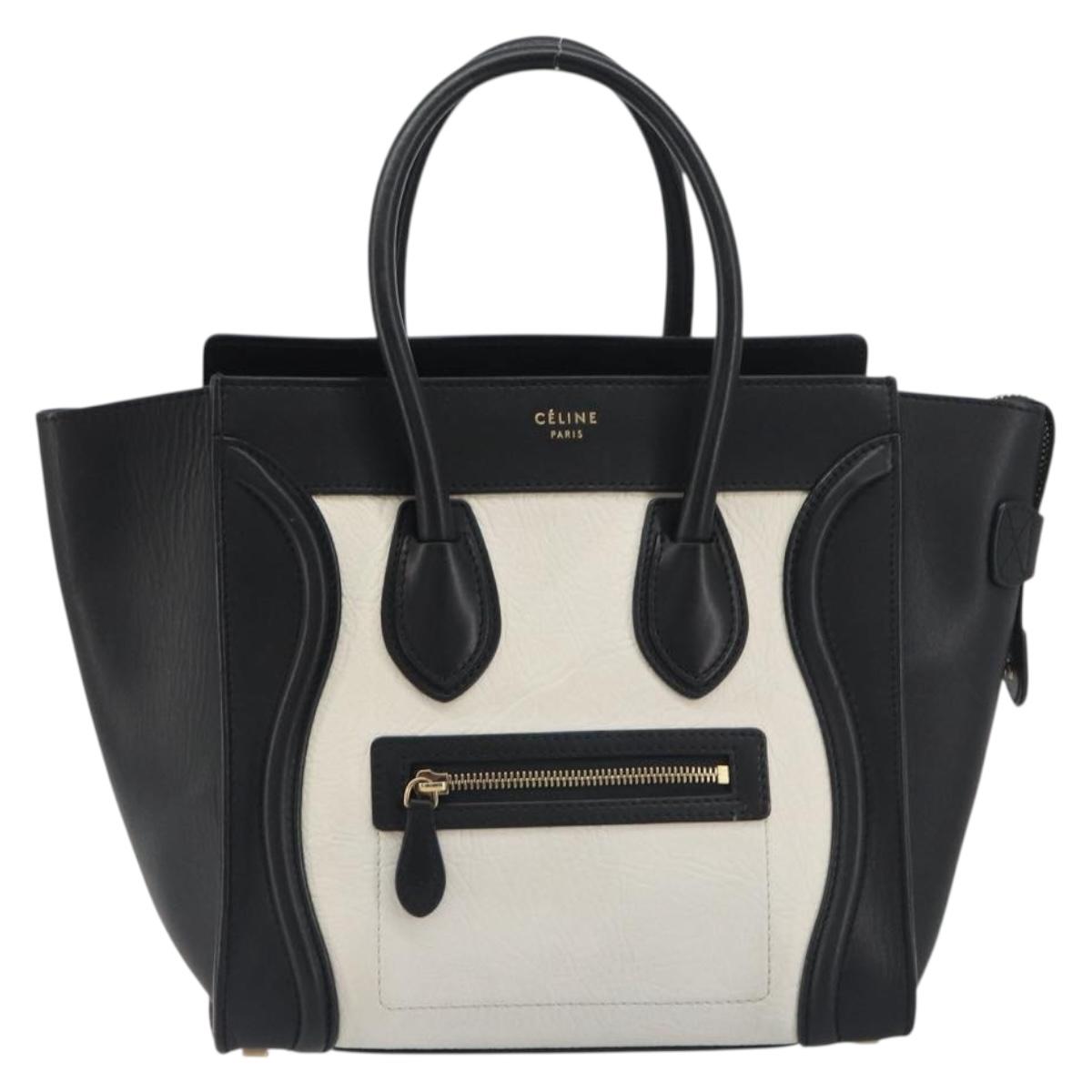 CELINE Luggage Micro Shopper Hand Bag Leather White Gold Tone Auth 196440A