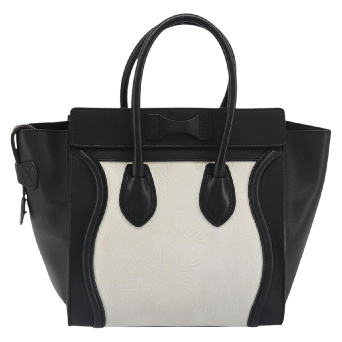 CELINE Luggage Micro Shopper Hand Bag Leather White Gold Tone Auth 196440A