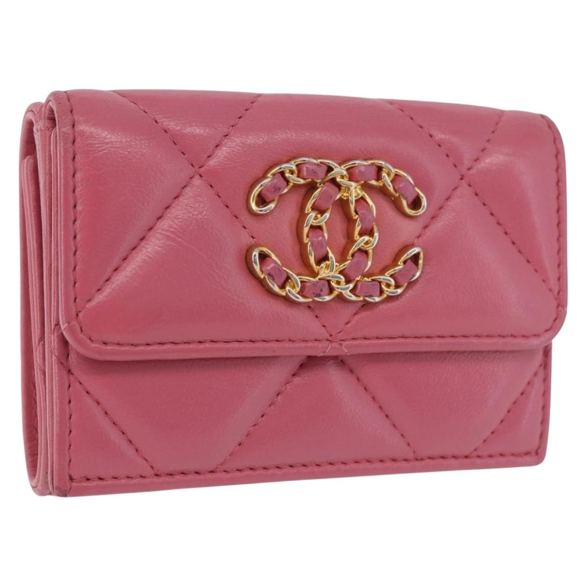 CHANEL Chanel 19 Matelasse Small Flap Wallet Leather Pink Gold CC Auth 196453V