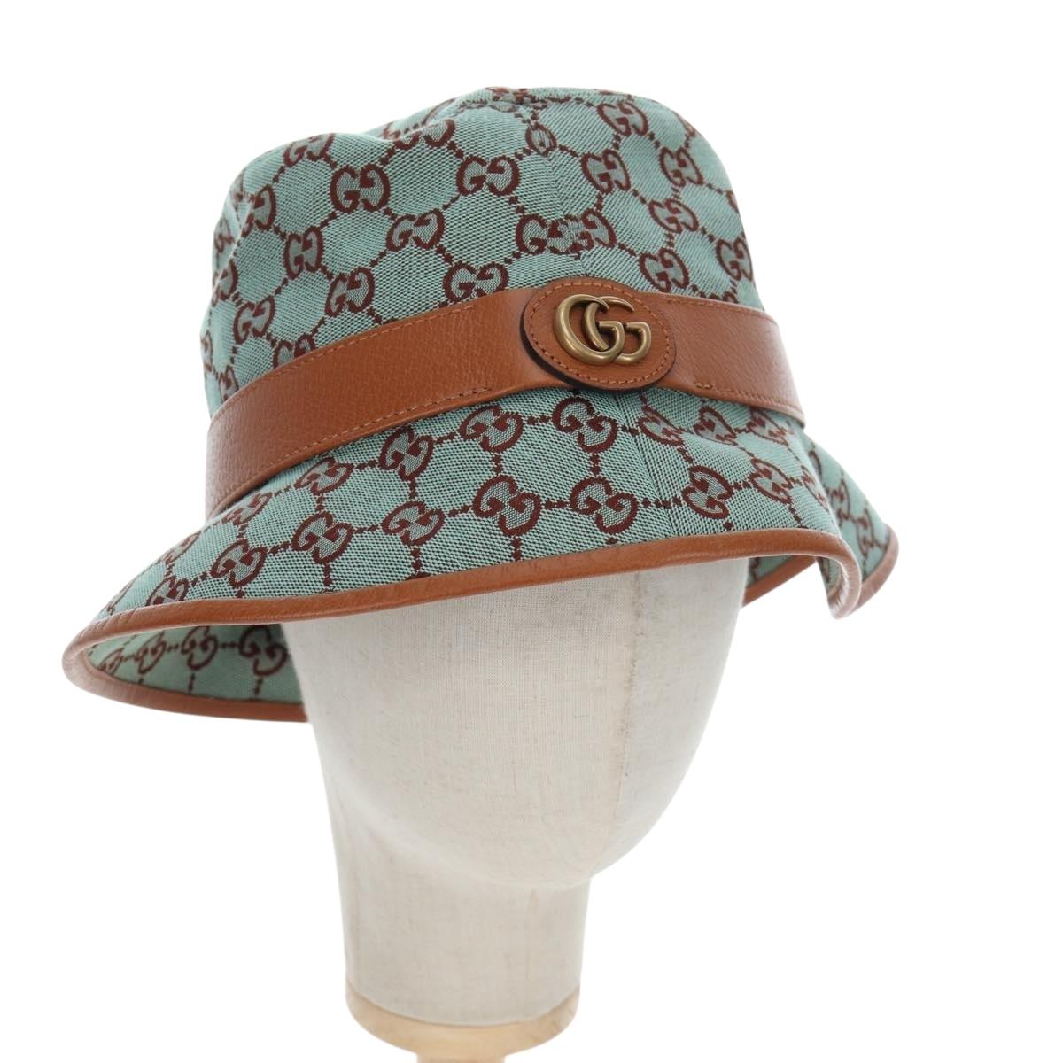 GUCCI GG Canvas Hat M Green Gold Auth 196482M