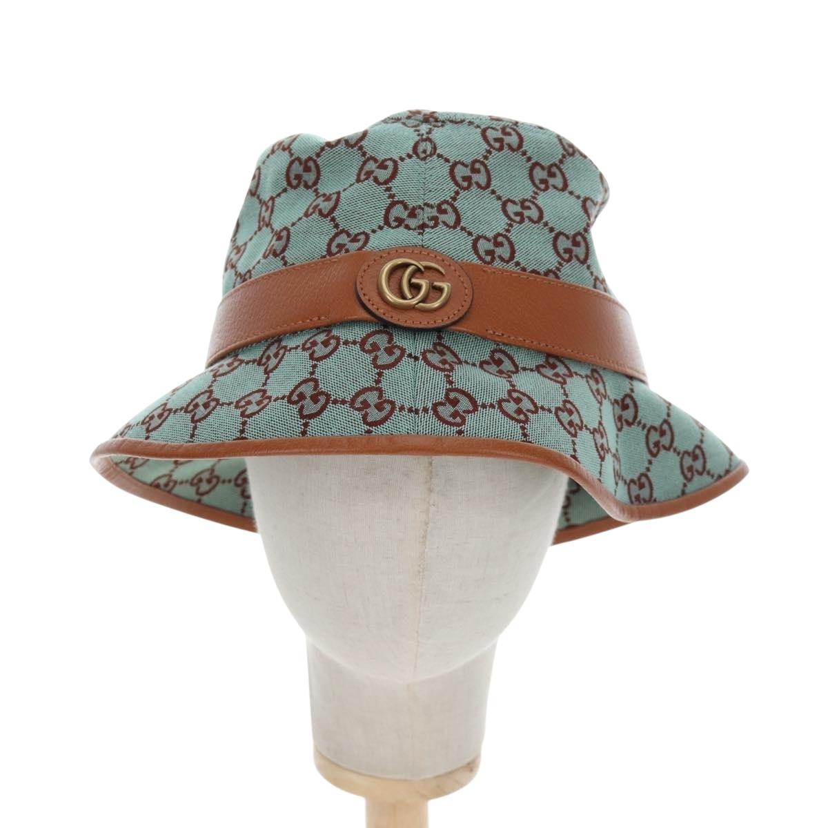 GUCCI GG Canvas Hat M Green Gold Auth 196482M