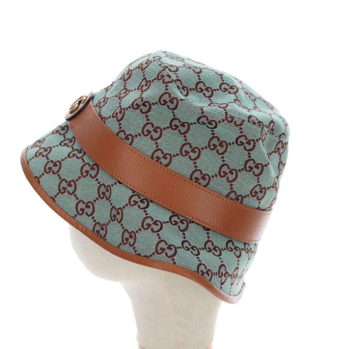 GUCCI GG Canvas Hat M Green Gold Auth 196482M