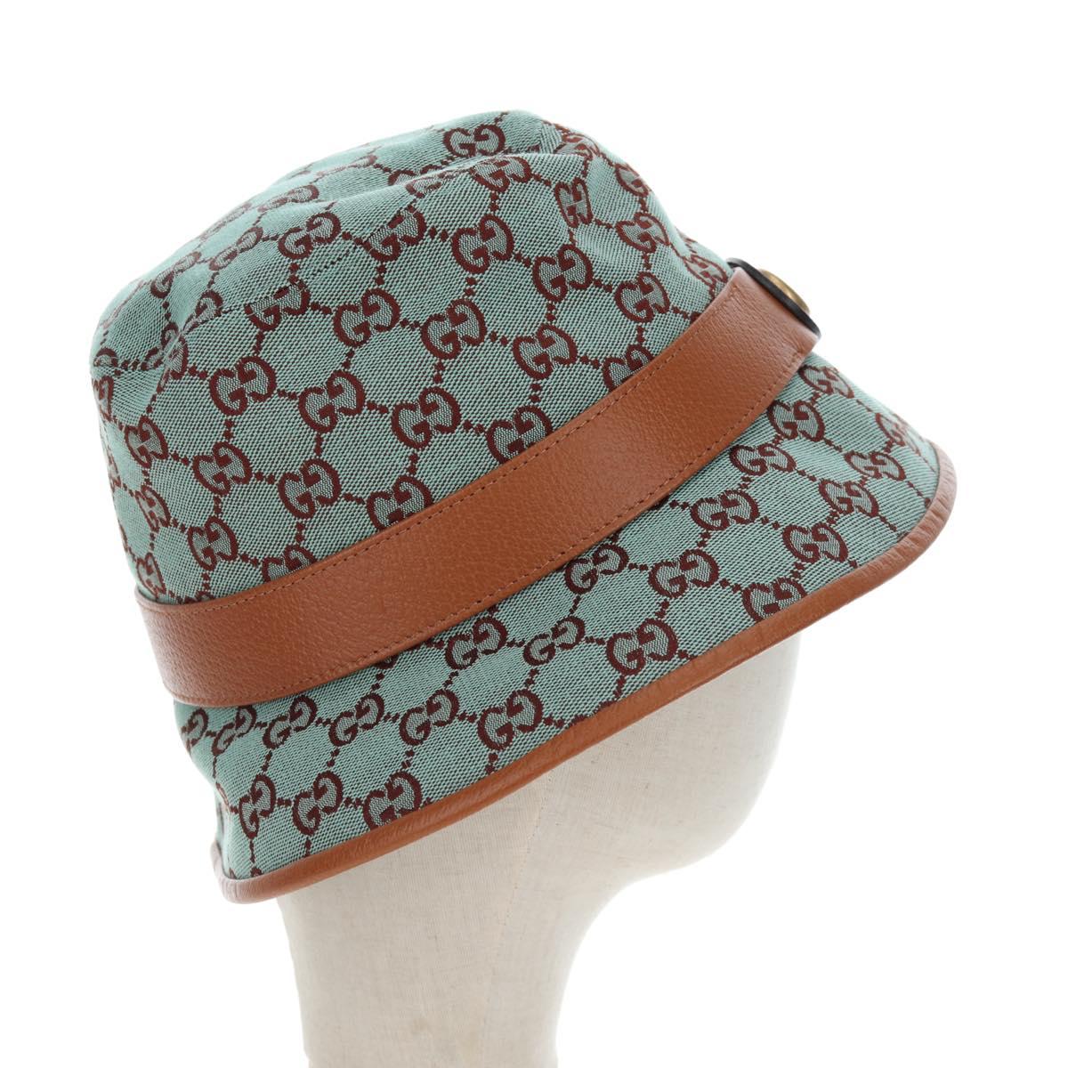 GUCCI GG Canvas Hat M Green Gold Auth 196482M