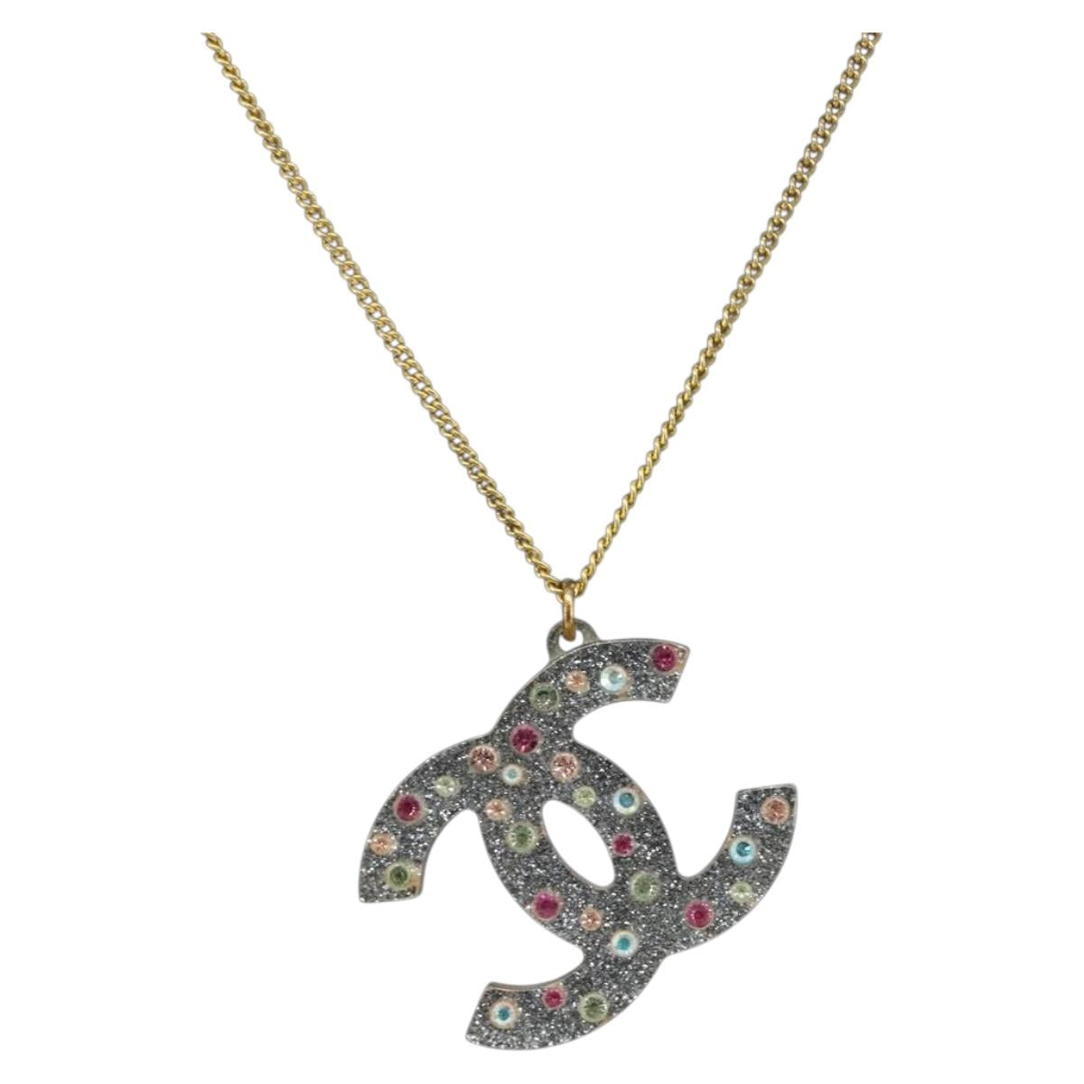 CHANEL COCO Mark Necklace Metal Clear Multicolor CC Auth 196490
