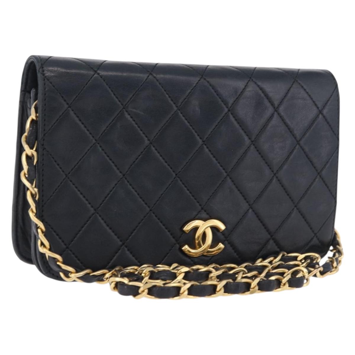 CHANEL Chain Matelasse Shoulder Bag Lamb Skin Black Gold CC Auth 196556SAM