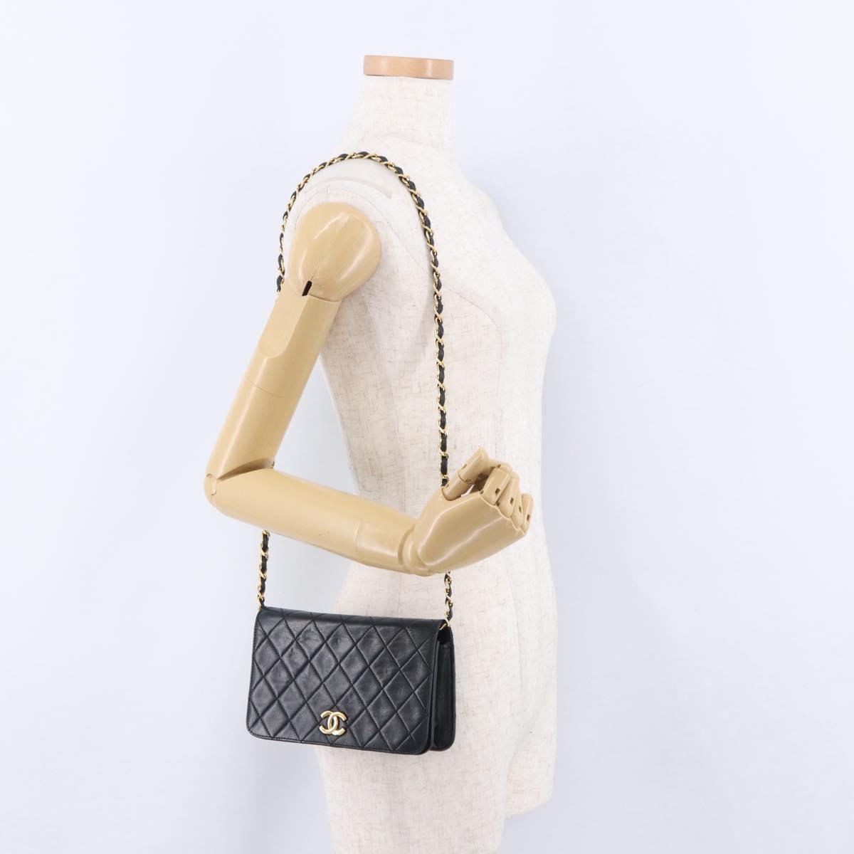 CHANEL Chain Matelasse Shoulder Bag Lamb Skin Black Gold CC Auth 196556SAM