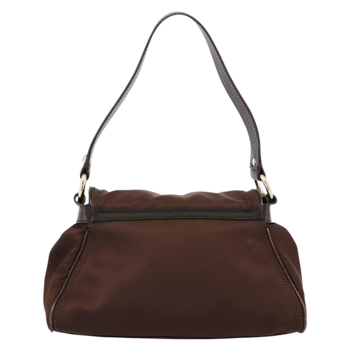 CELINE Hand Bag Nylon Brown Gold Auth 196564