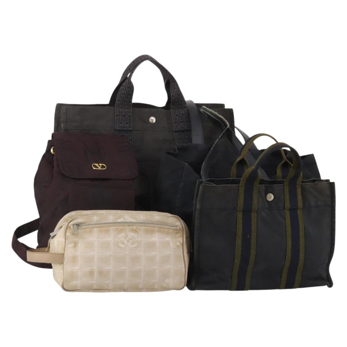HERMES Valentino Chanel New Travel Line Bag Nylon Canvas 5 Set Black Auth 196569