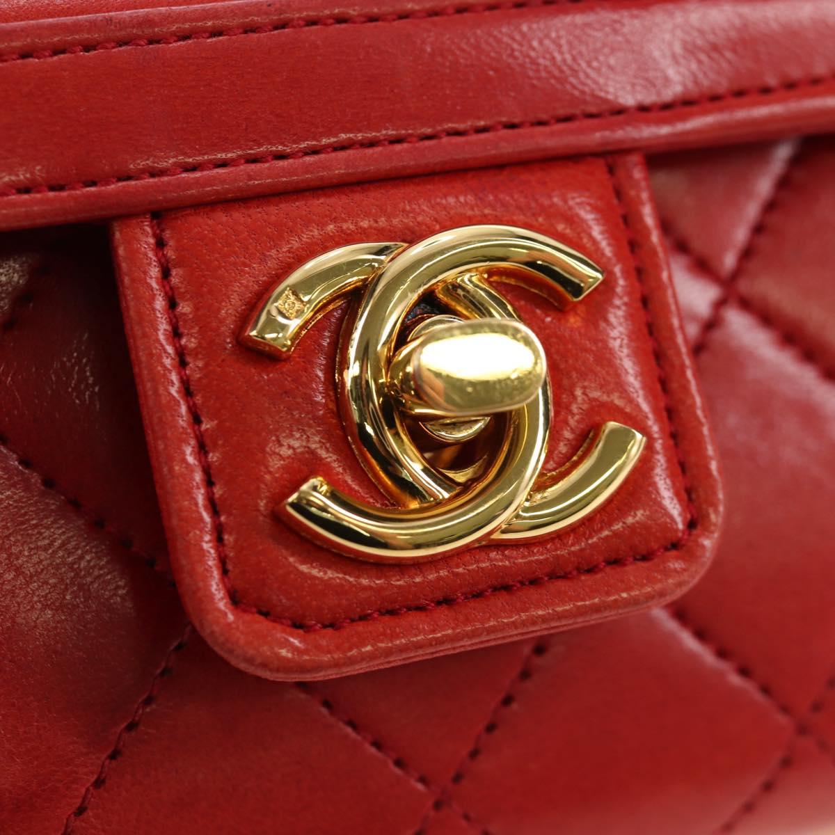 CHANEL Mademoiselle Chain Matelasse Hand Bag Lamb Skin Red Gold CC Auth 196580SV