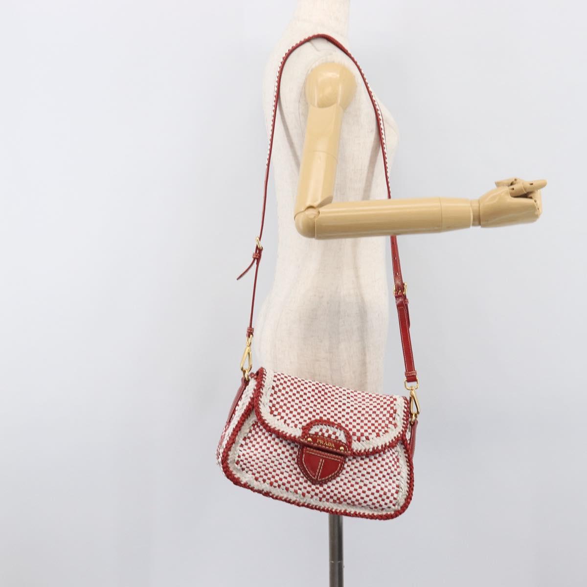 PRADA Shoulder Bag Leather White Red Auth 196589A