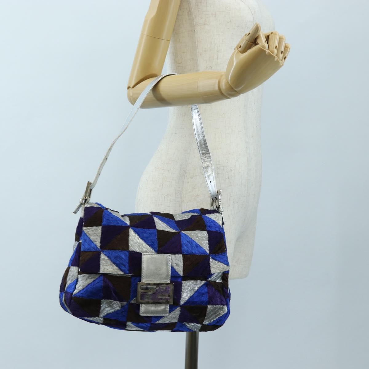 FENDI Mamma Baguette Shoulder Bag Canvas Blue Silver Auth 196591V