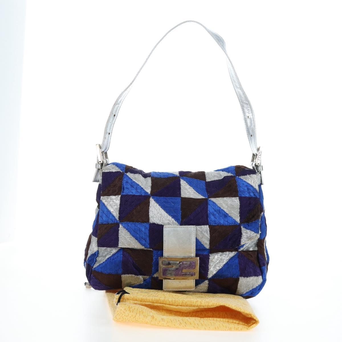 FENDI Mamma Baguette Shoulder Bag Canvas Blue Silver Auth 196591V