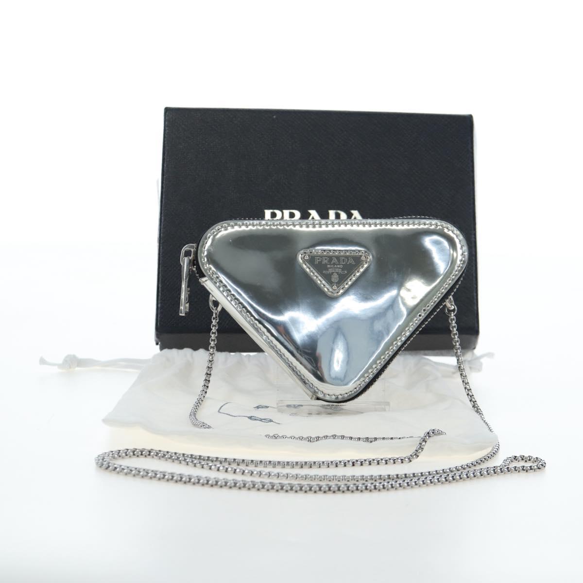 PRADA Chain Shoulder Bag Patent leather Silver Auth 196592M