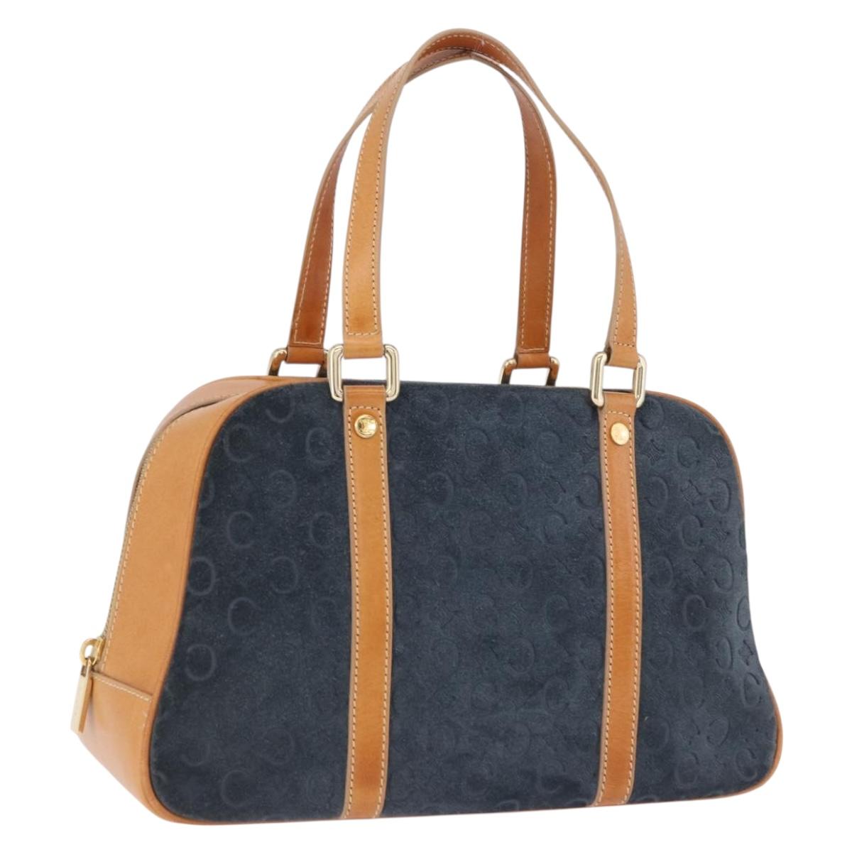 CELINE C Macadam Canvas Hand Bag Suede Navy Gold Auth 196609