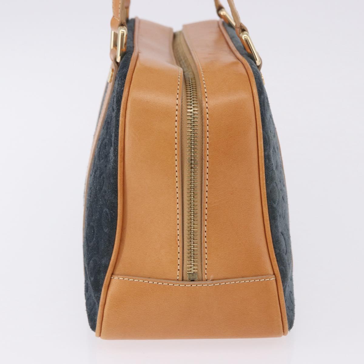 CELINE C Macadam Canvas Hand Bag Suede Navy Gold Auth 196609