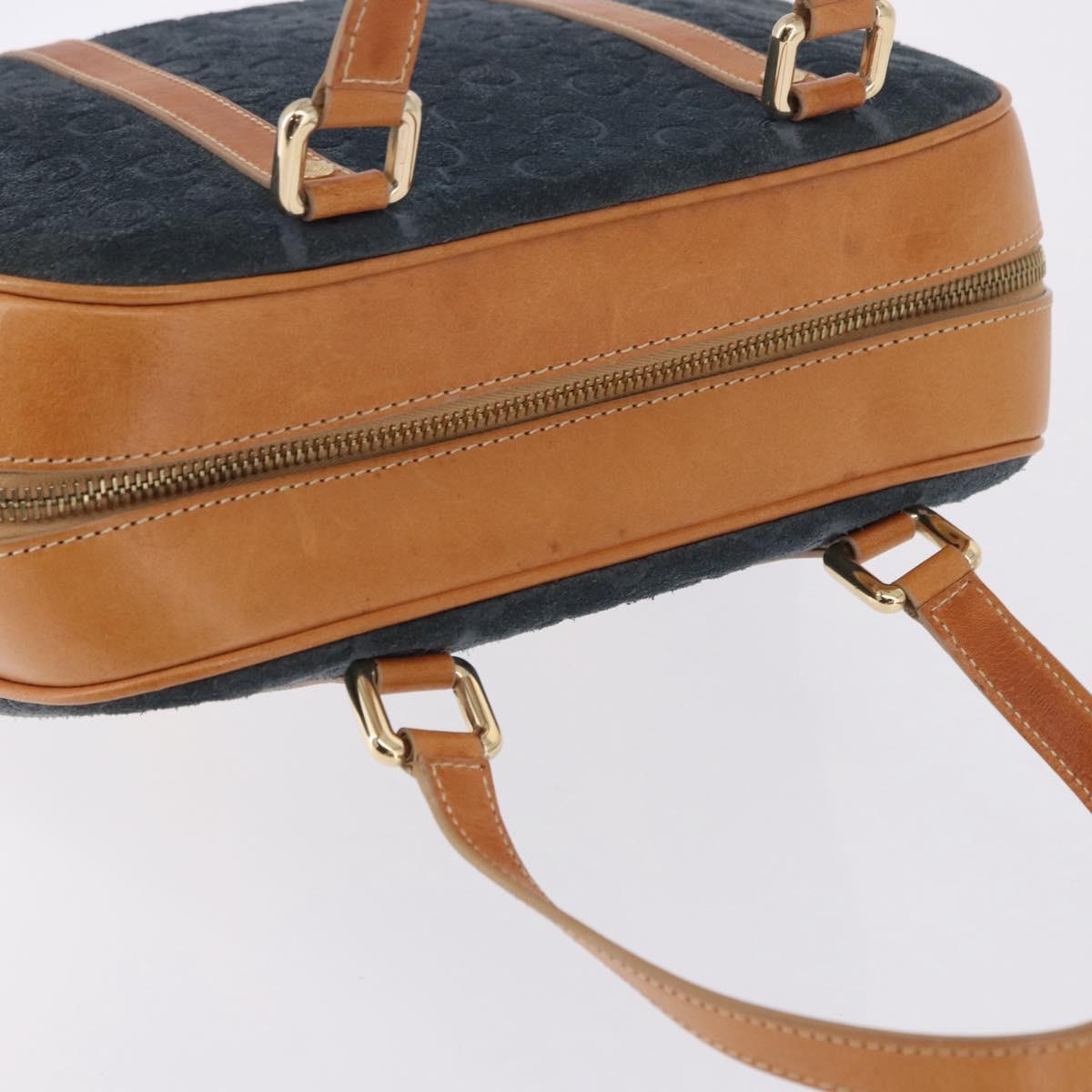 CELINE C Macadam Canvas Hand Bag Suede Navy Gold Auth 196609