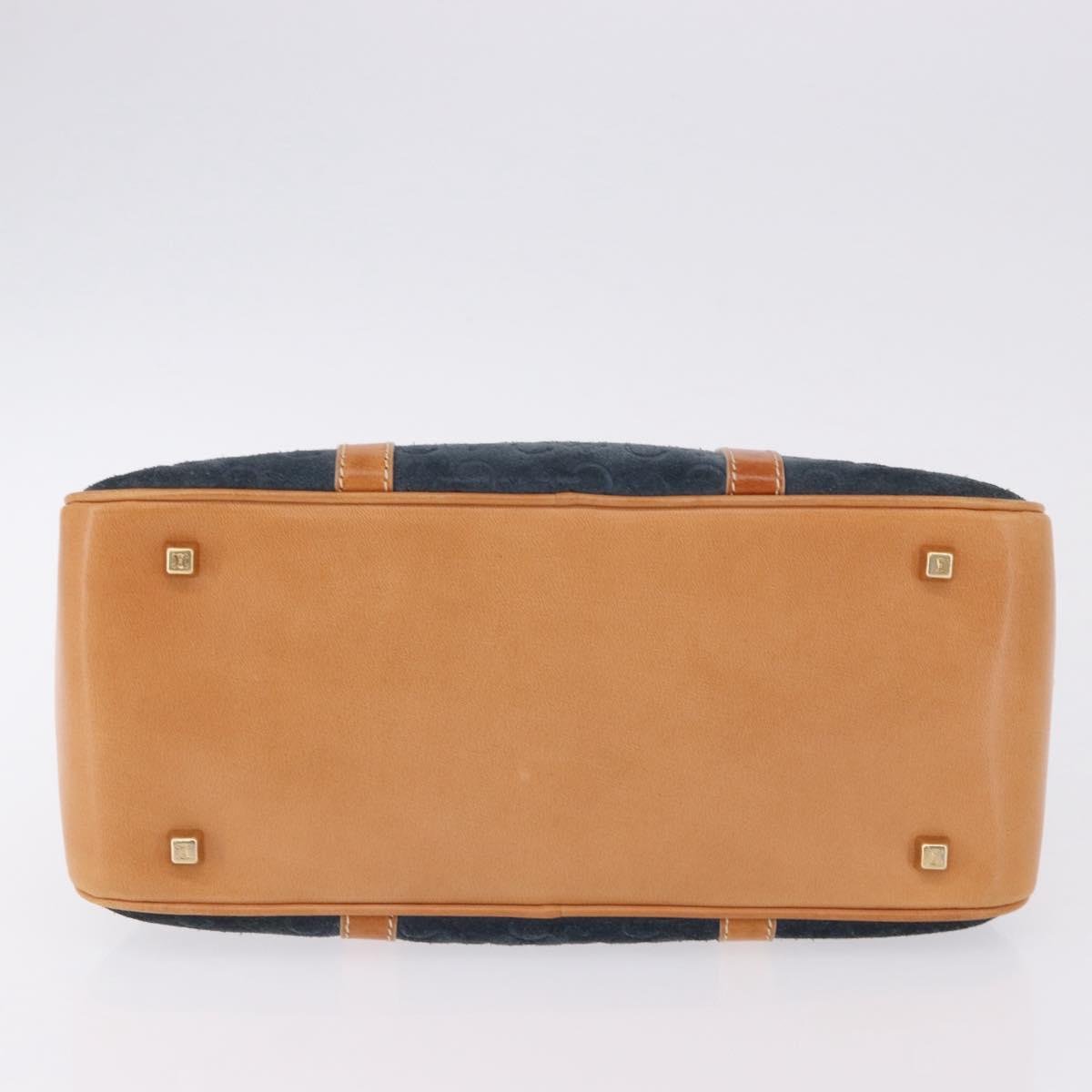 CELINE C Macadam Canvas Hand Bag Suede Navy Gold Auth 196609
