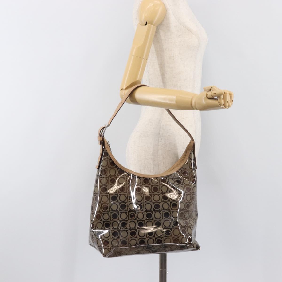 Salvatore Ferragamo Shoulder Bag Vinyl Beige Silver Auth 196611A