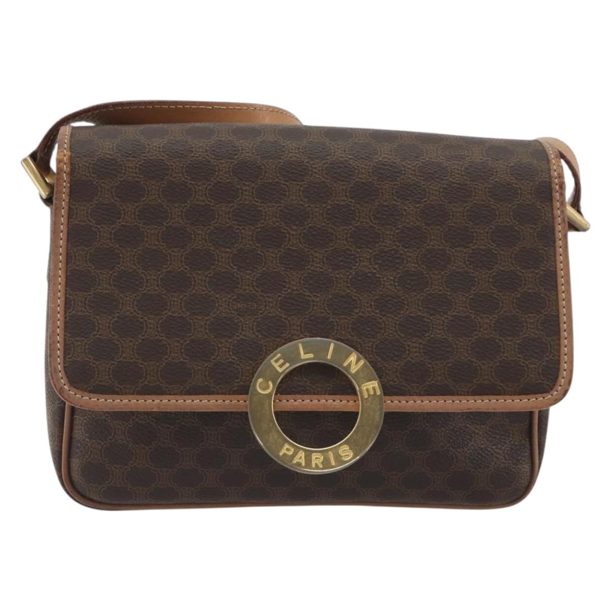 CELINE Macadam Canvas Shoulder Bag PVC Leather Brown Gold Auth 196617