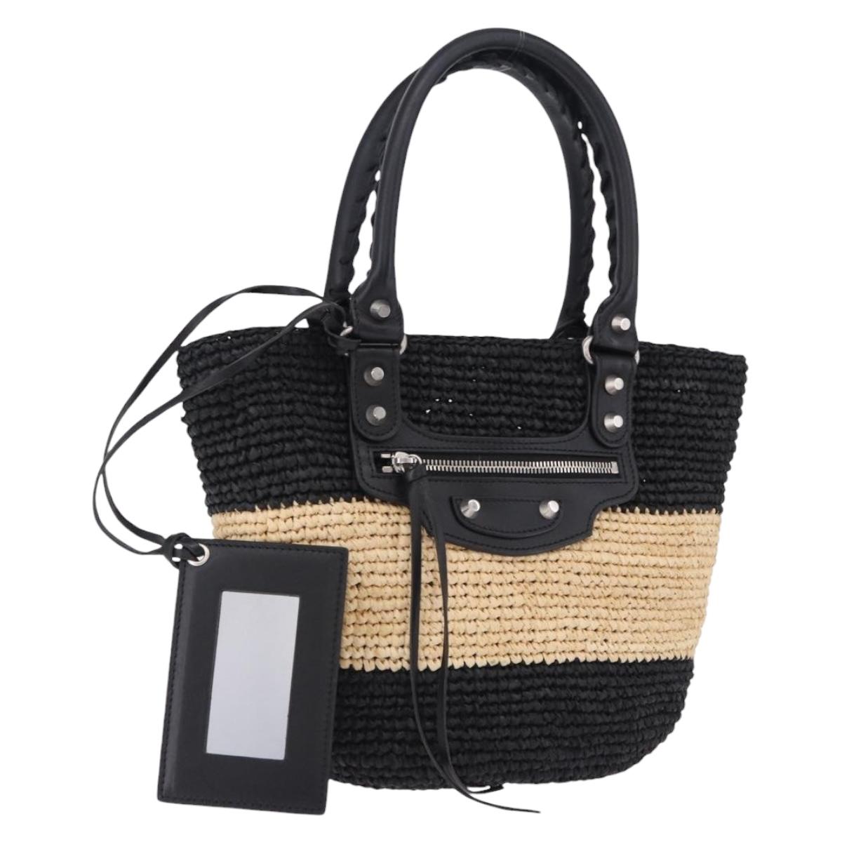 BALENCIAGA Pannier XS Hand Bag Raffia Black Silver 466498 Auth 196622A