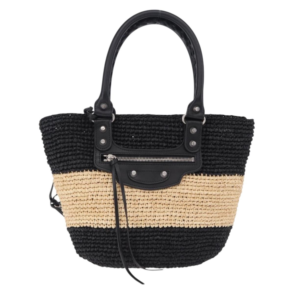 BALENCIAGA Pannier XS Hand Bag Raffia Black Silver 466498 Auth 196622A