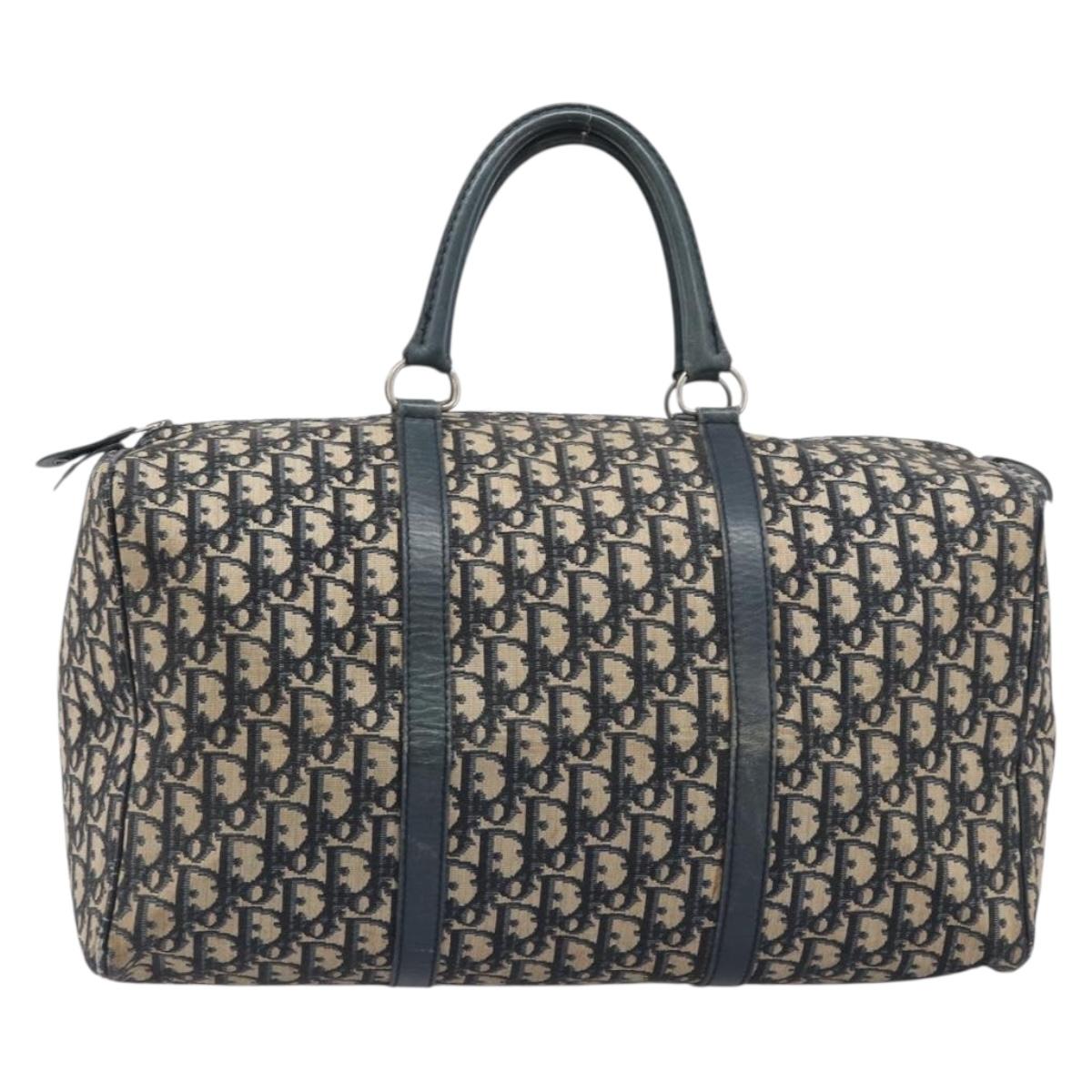 Christian Dior Trotter Canvas Boston Bag Navy Silver Auth 196623