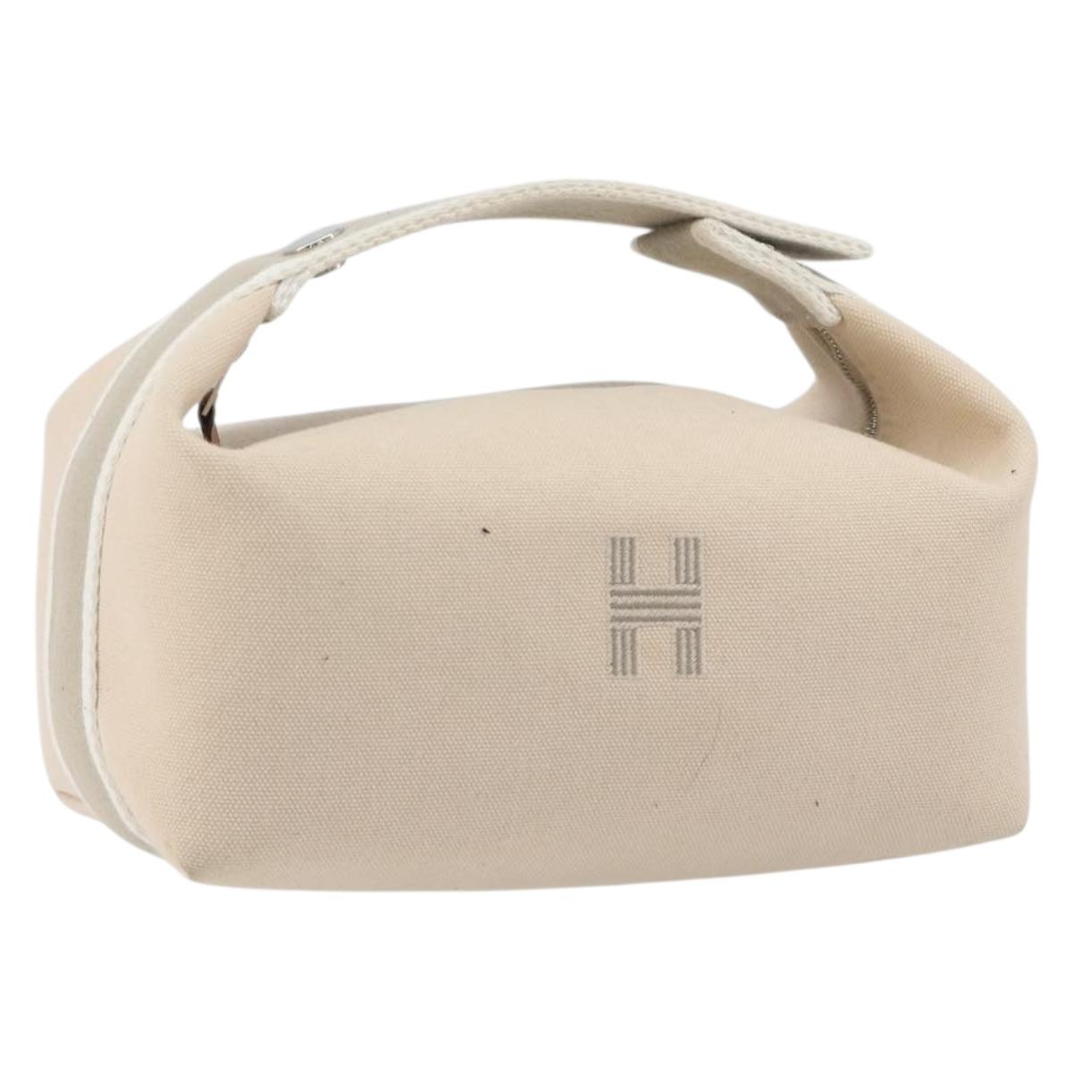 HERMES Brid A Black Hand Bag Canvas Leather Beige Silver Auth 196626M