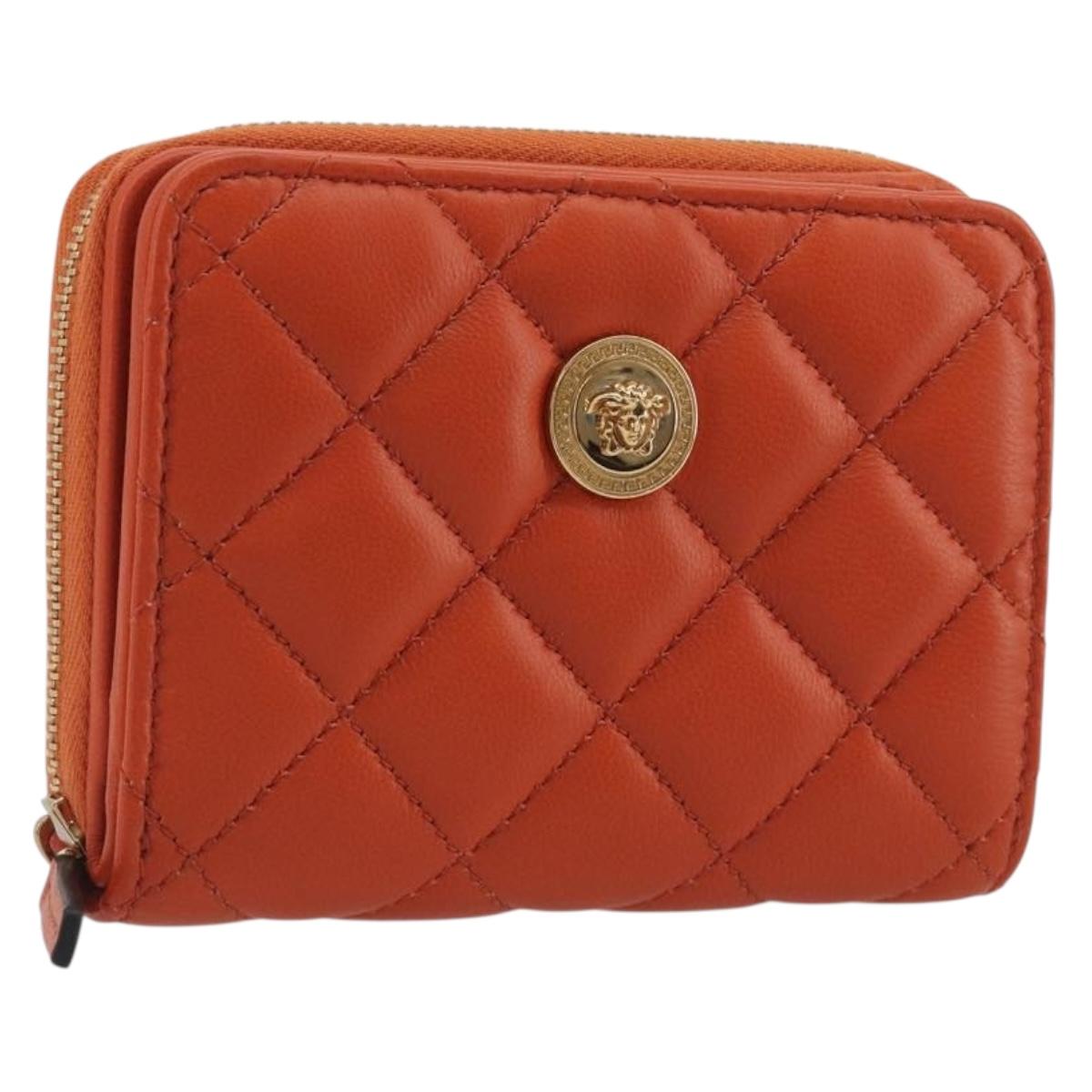 VERSACE Medusa Wallet Leather Orange Gold Auth 196627A