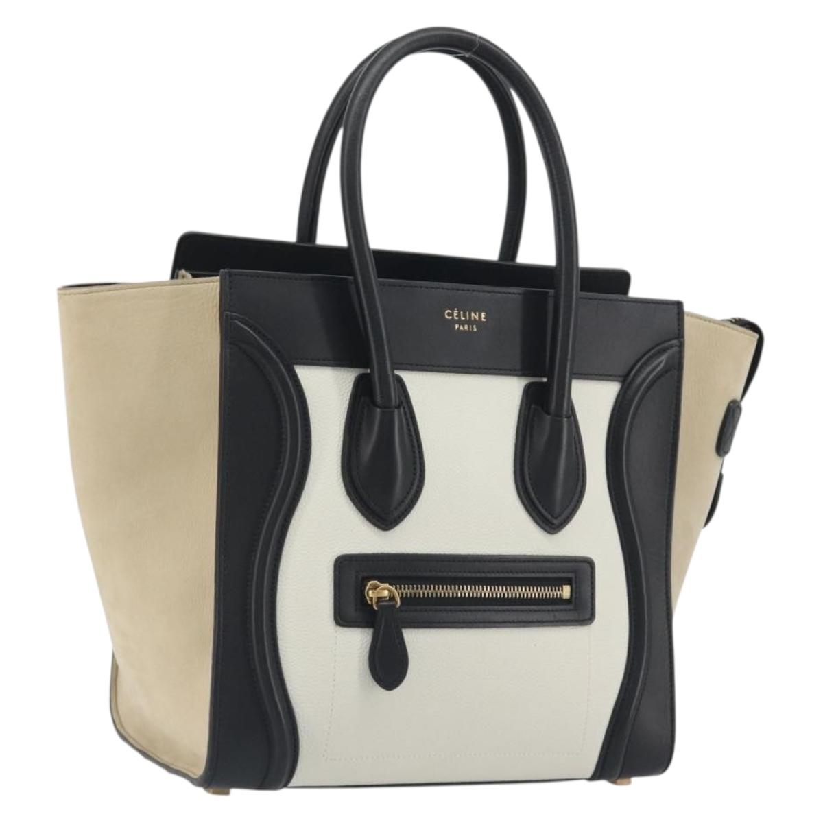 CELINE Luggage Micro Shopper Hand Bag Leather White Gold Auth 196632V