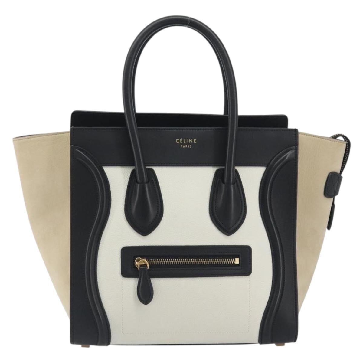 CELINE Luggage Micro Shopper Hand Bag Leather White Gold Auth 196632V