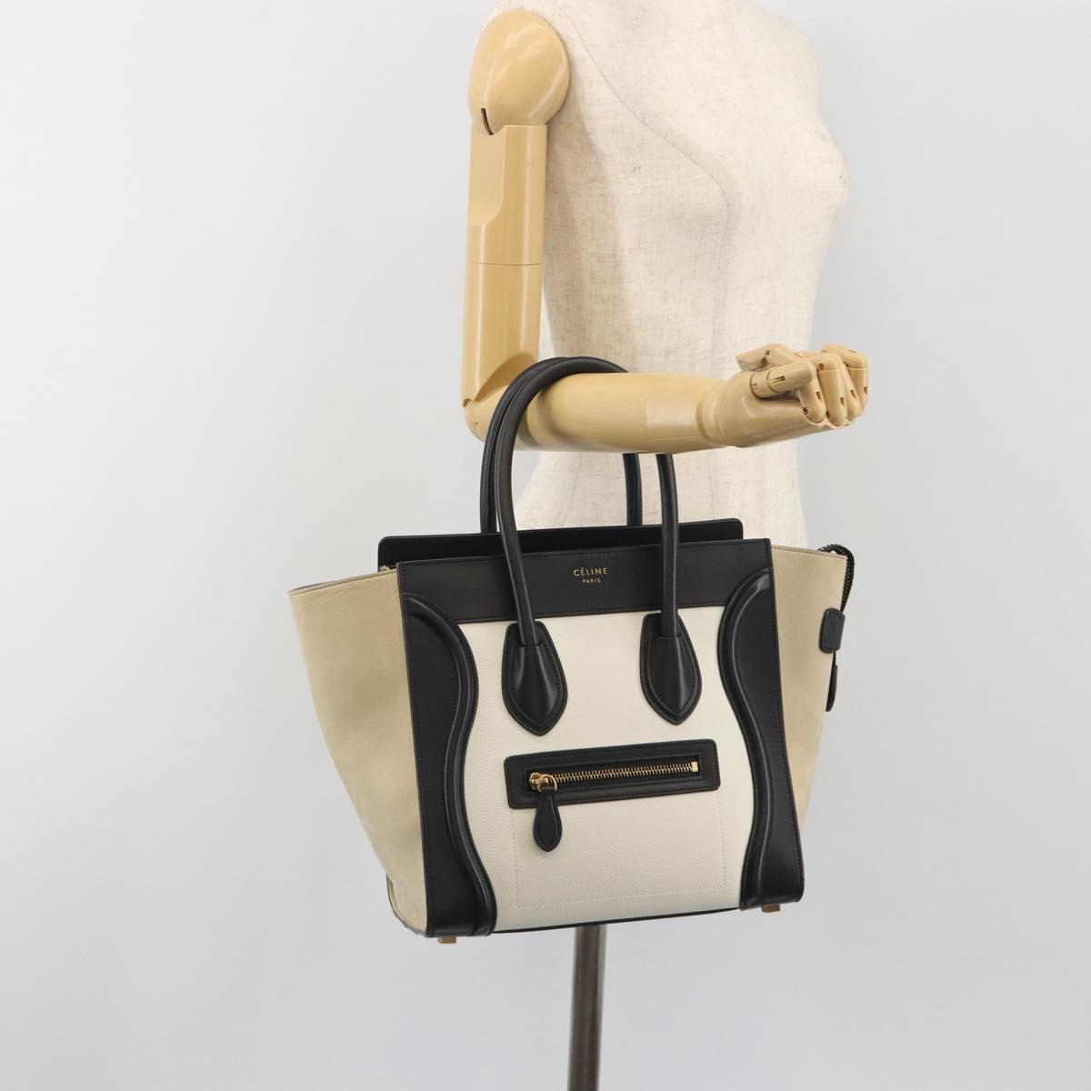 CELINE Luggage Micro Shopper Hand Bag Leather White Gold Auth 196632V