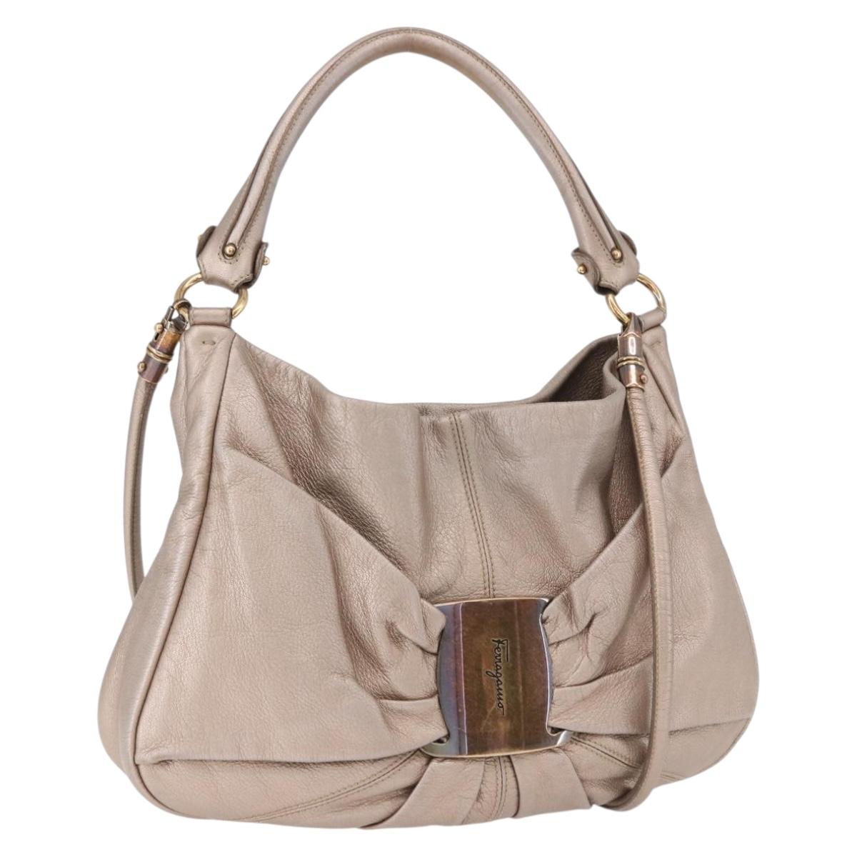 Salvatore Ferragamo Vala Hand Bag Leather 2way Champagne Gold Auth 196633A