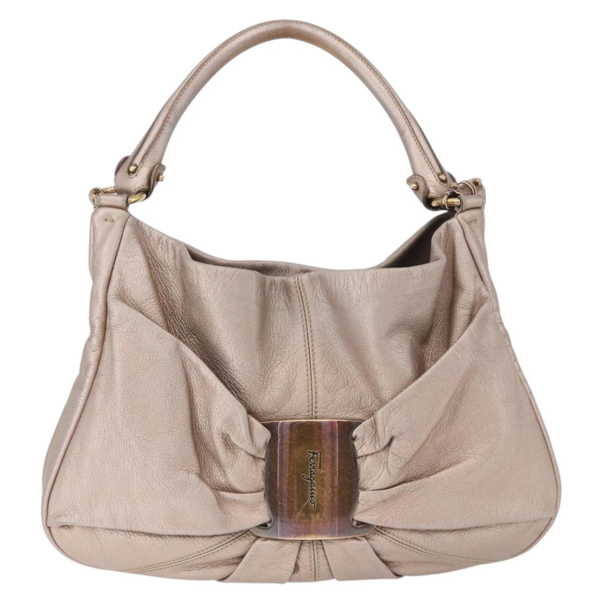 Salvatore Ferragamo Vala Hand Bag Leather 2way Champagne Gold Auth 196633A