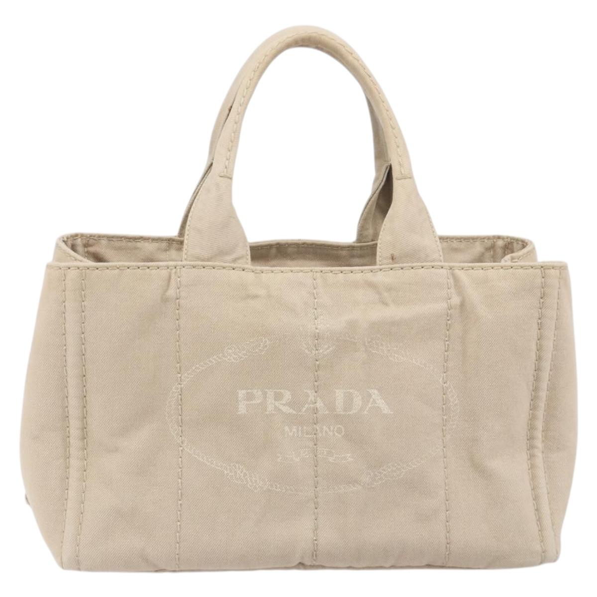 PRADA Canapa MM Hand Bag Canvas Beige Gold Auth 196635A