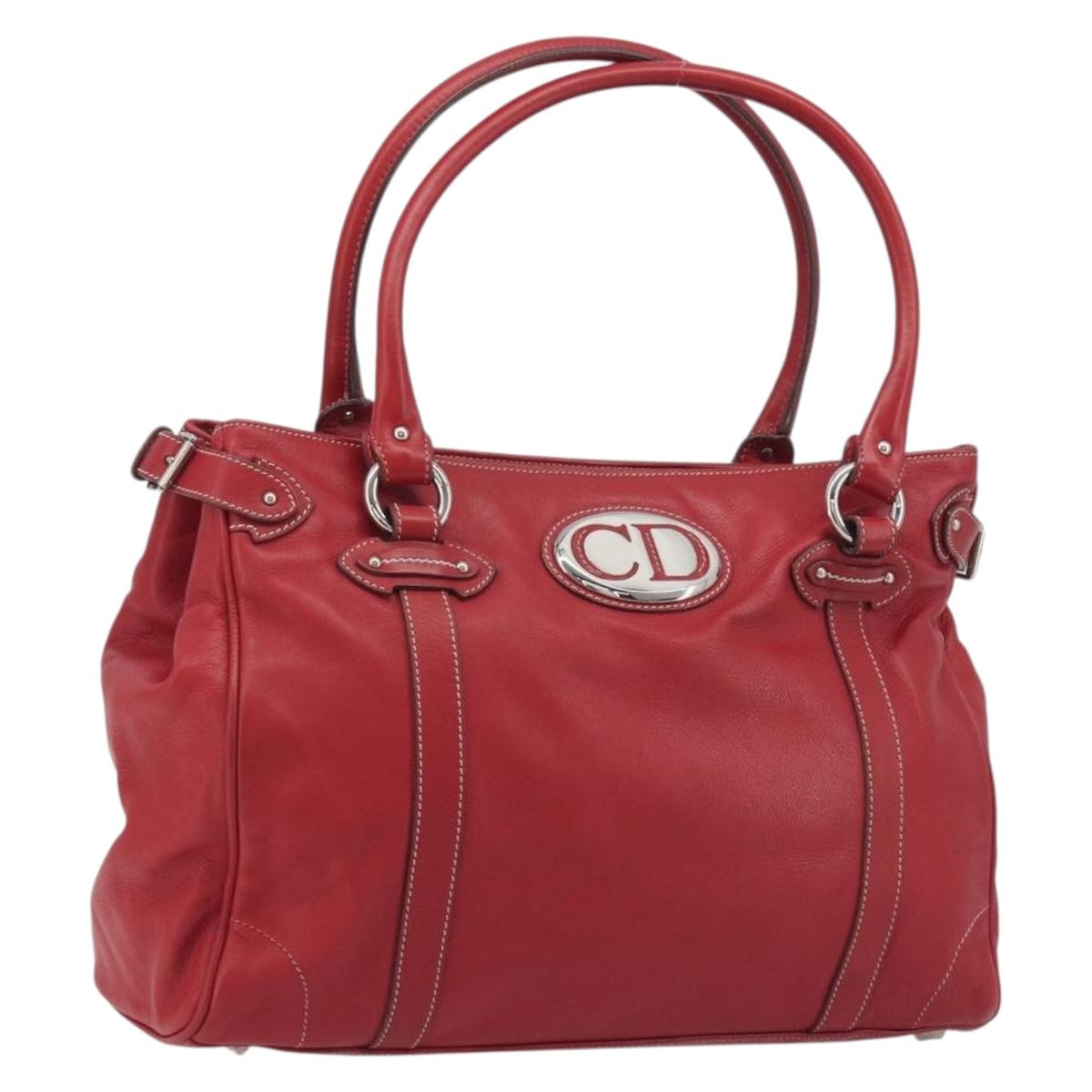 Christian Dior Hand Bag Leather Red Silver Auth 196646A