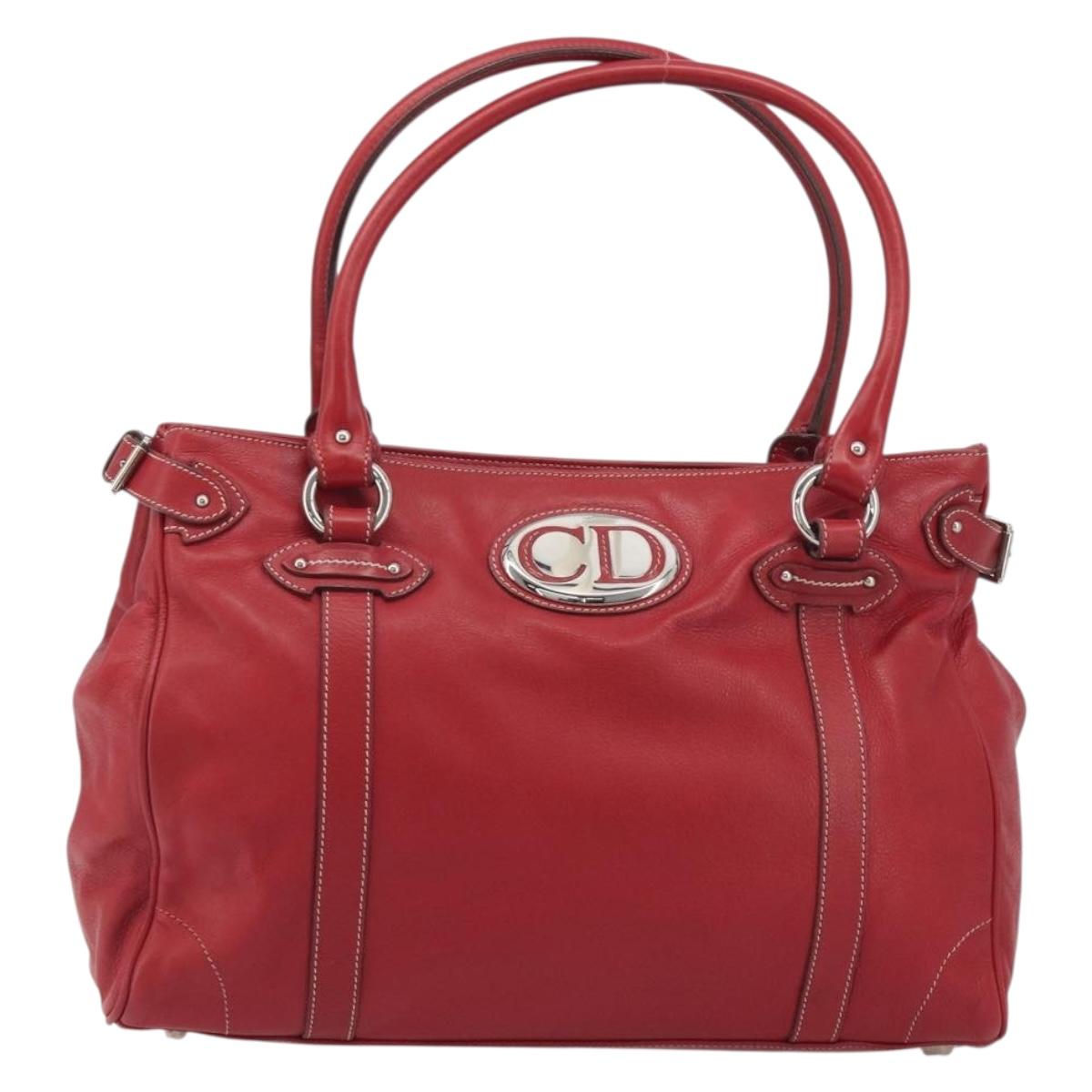 Christian Dior Hand Bag Leather Red Silver Auth 196646A