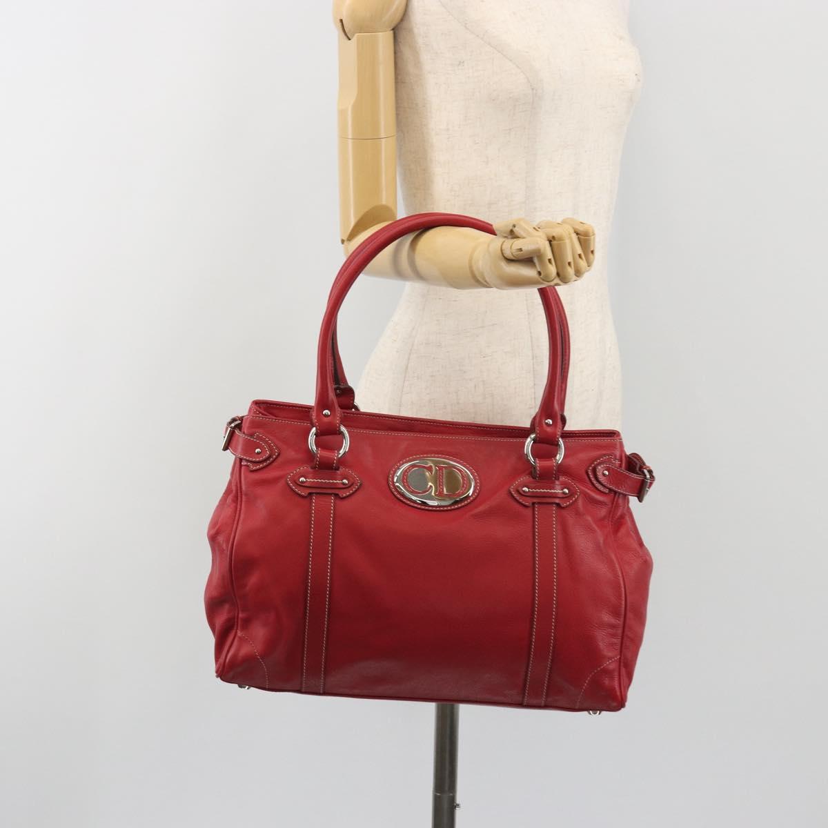 Christian Dior Hand Bag Leather Red Silver Auth 196646A