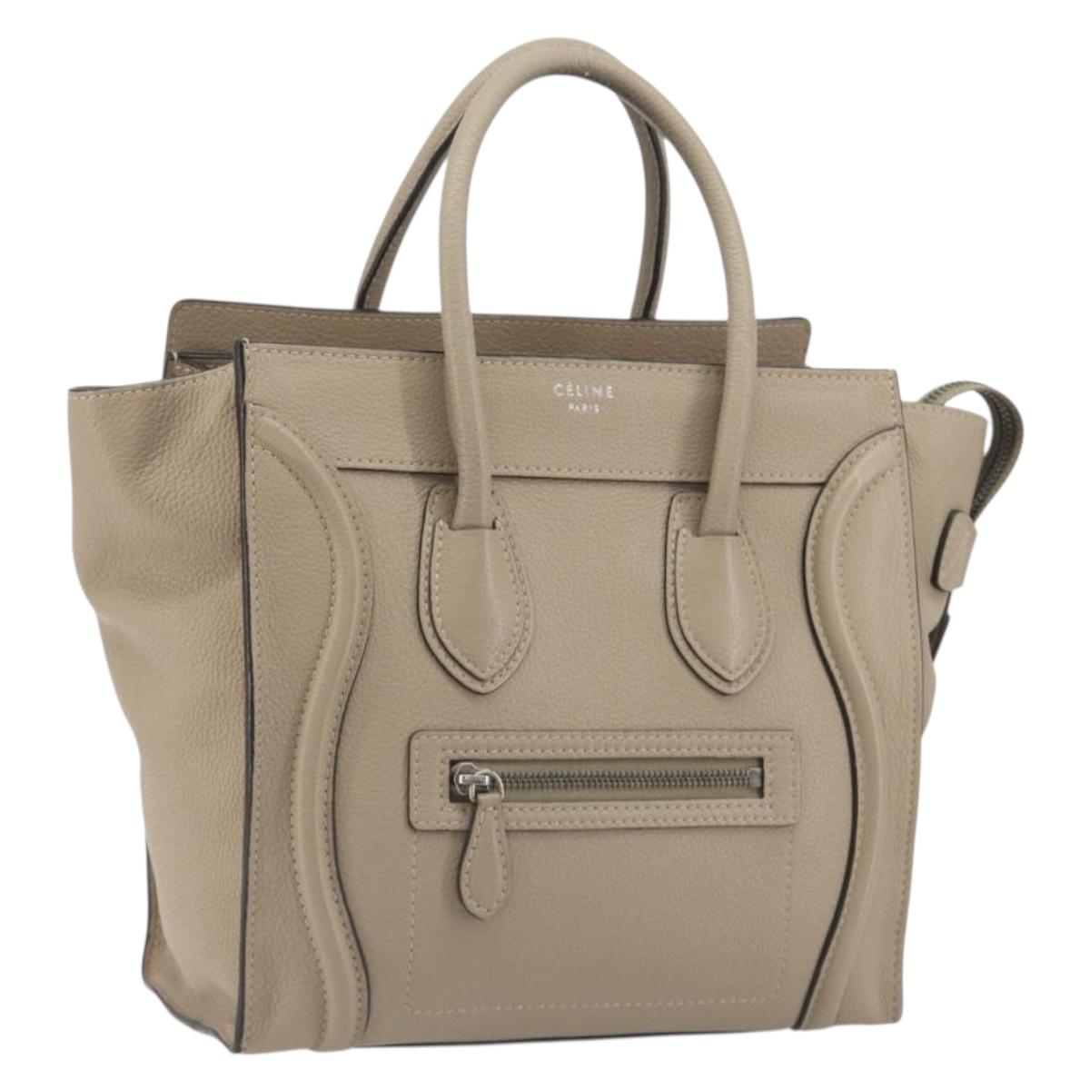 CELINE Luggage Micro Shopper Hand Bag Leather Beige Silver Auth 196658V