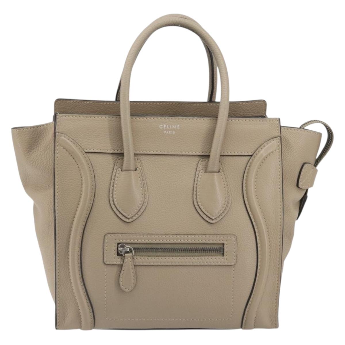 CELINE Luggage Micro Shopper Hand Bag Leather Beige Silver Auth 196658V