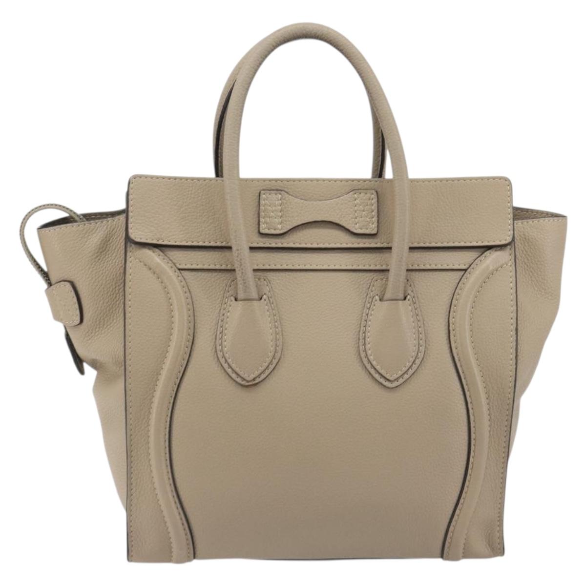 CELINE Luggage Micro Shopper Hand Bag Leather Beige Silver Auth 196658V