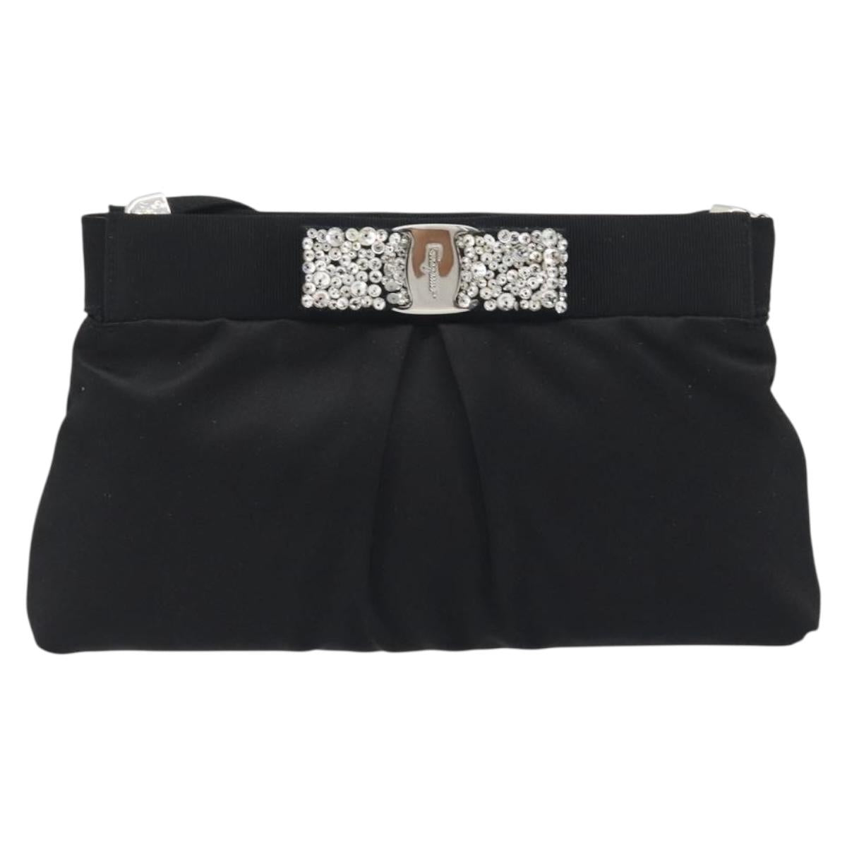 Salvatore Ferragamo Vala Shoulder Bag Satin Black Silver Auth 196662A